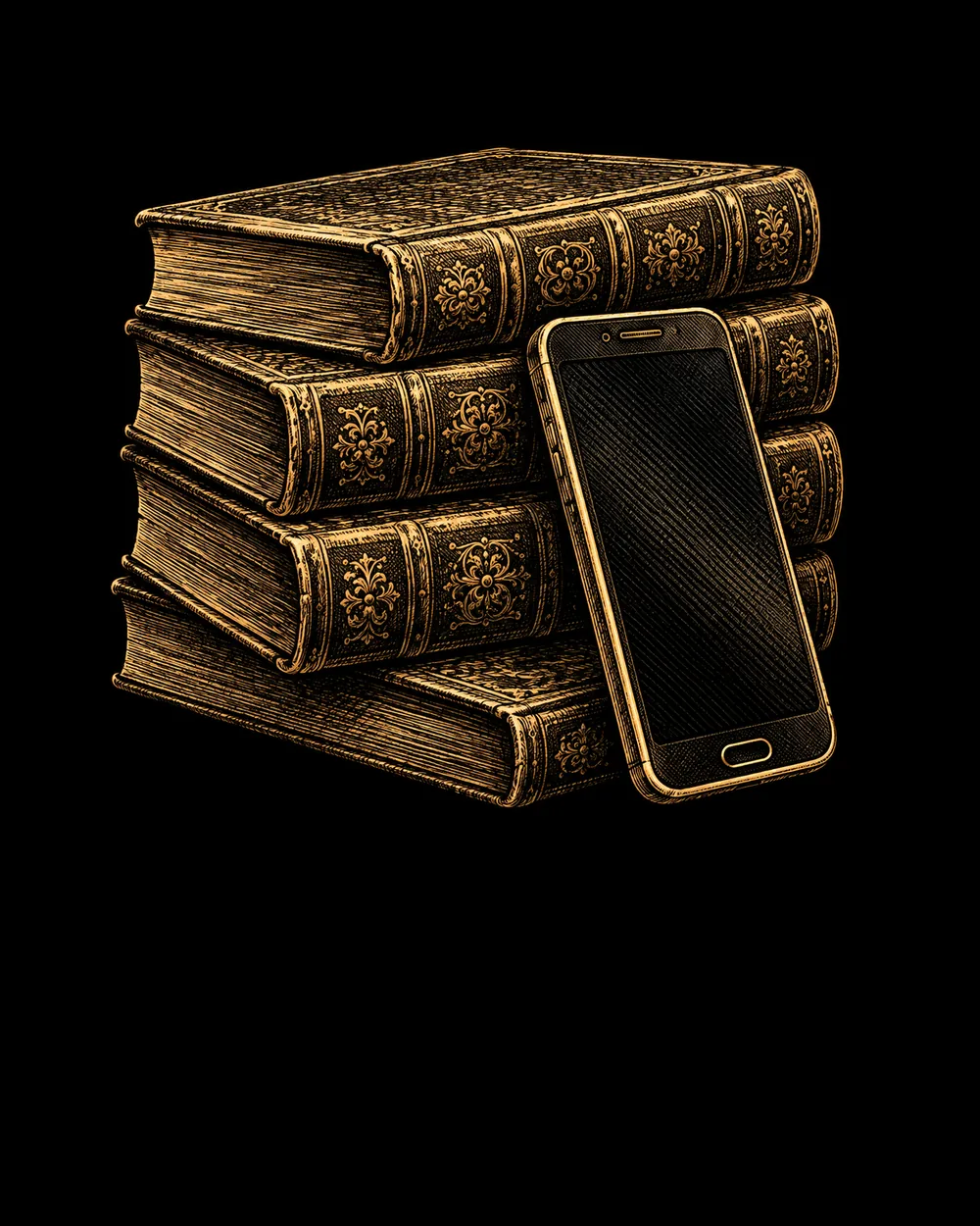 Ilustração em gravura dourada: livros antigos empilhados e um smartphone