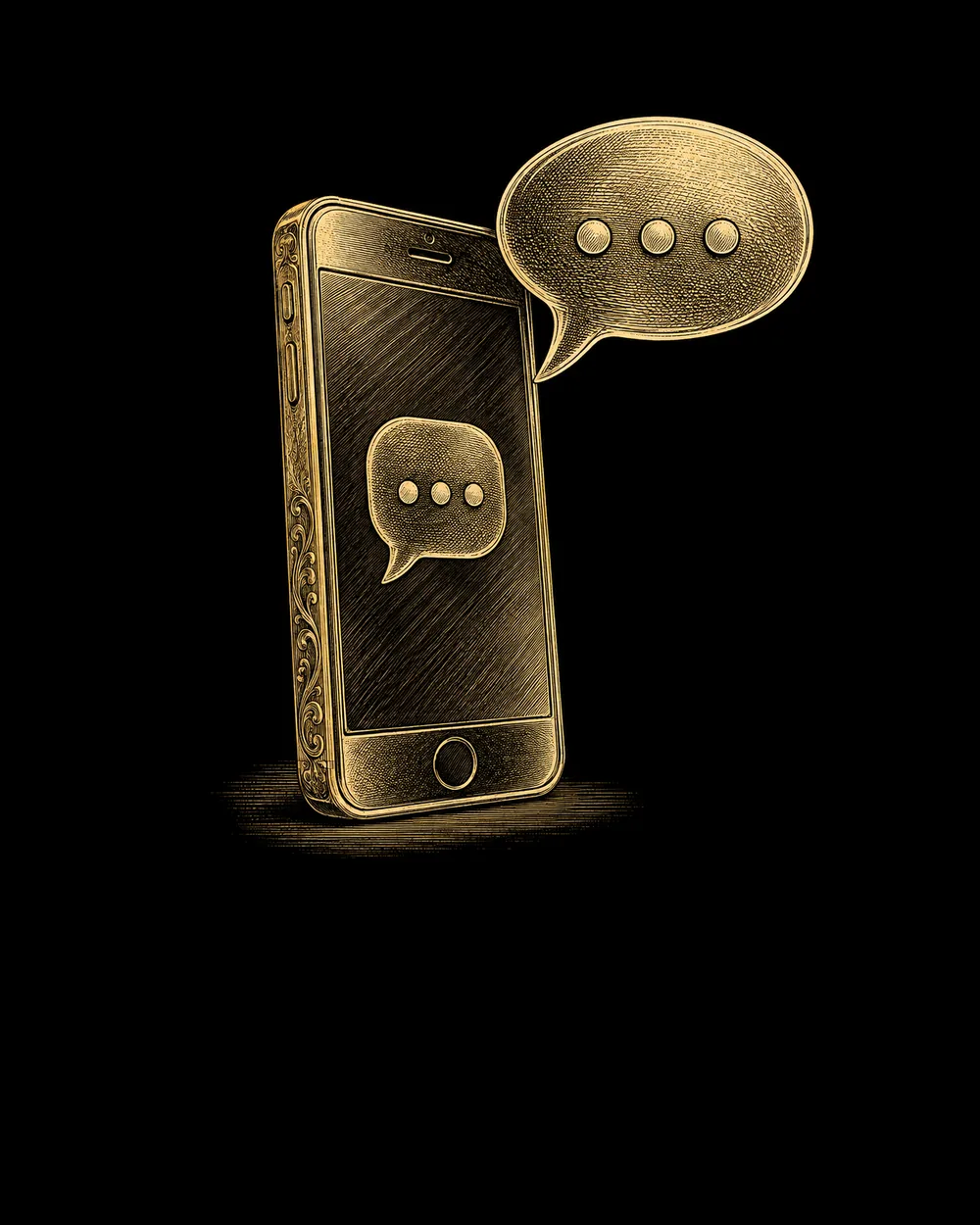 Ilustração em gravura dourada: smartphone com balões de conversa
